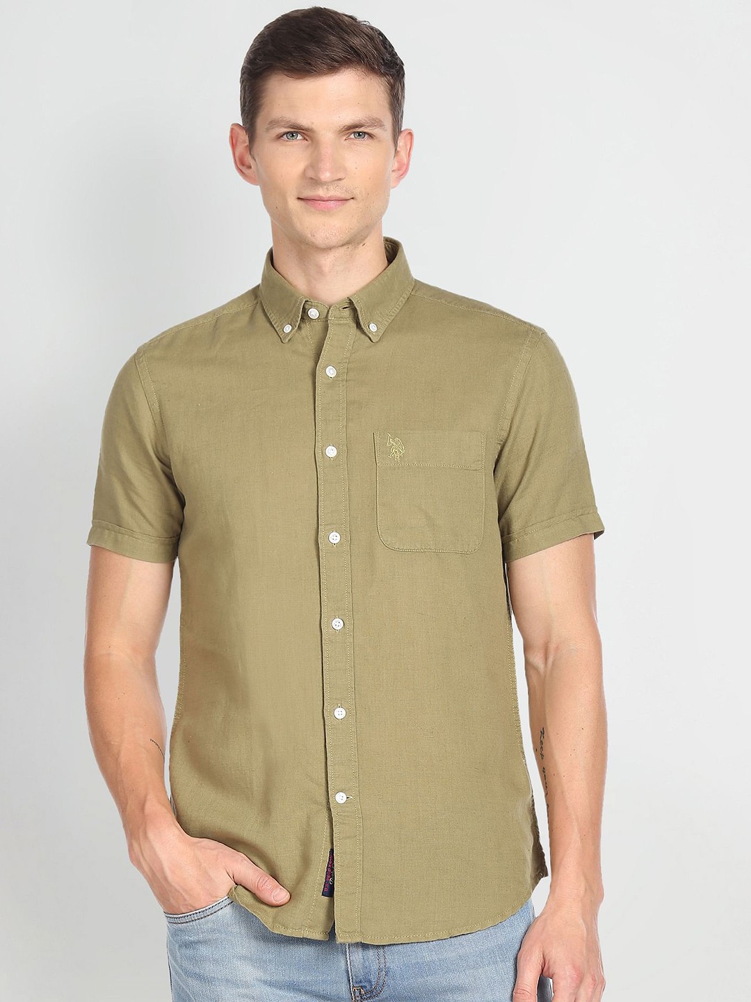 

U.S. Polo Assn. Denim Co. Button-Down Collar Linen Cotton Casual Shirt, Green