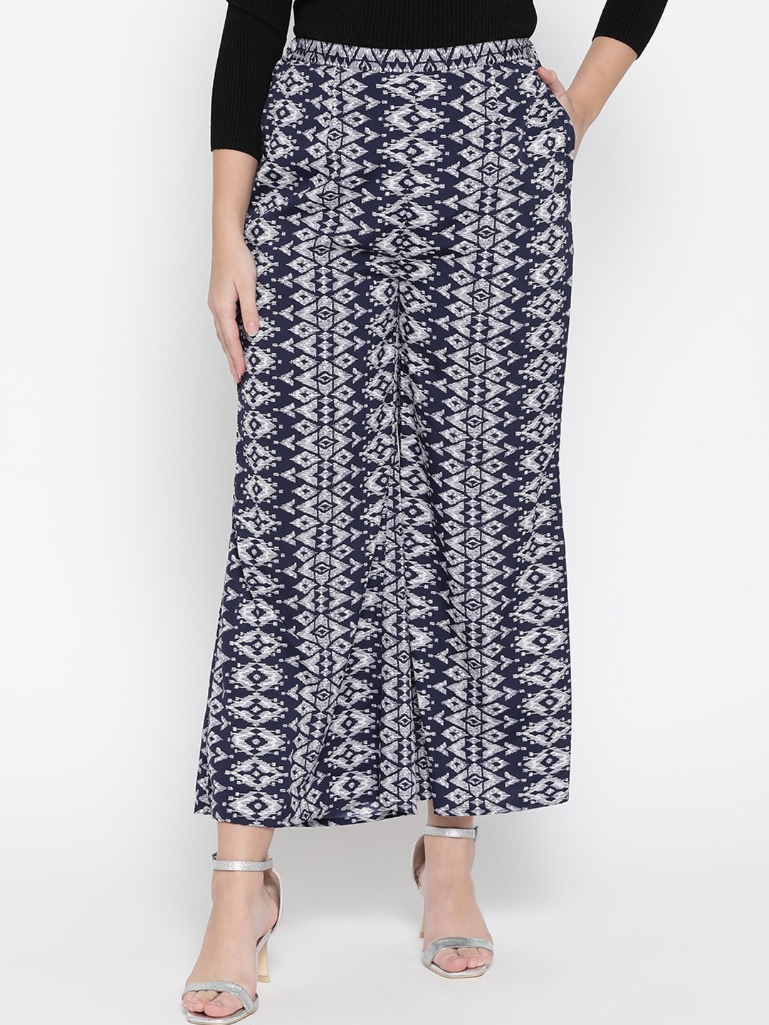 

RARE Women Blue Geometric Printed High-Rise Easy Wash Parallel Trousers, Navy blue