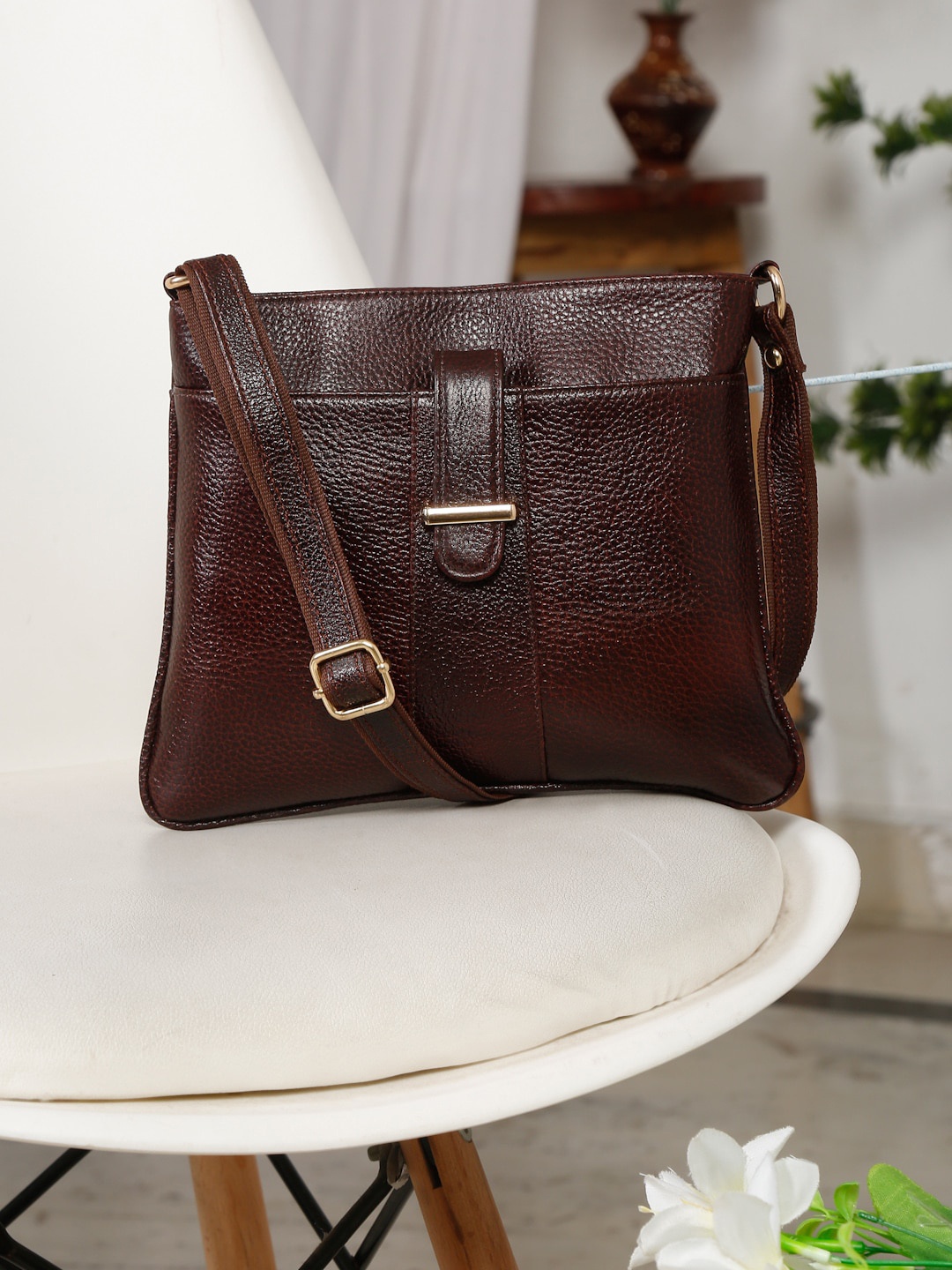 

Teakwood Leathers Buckle Detail Textured Leather Structured Sling Bag, Brown