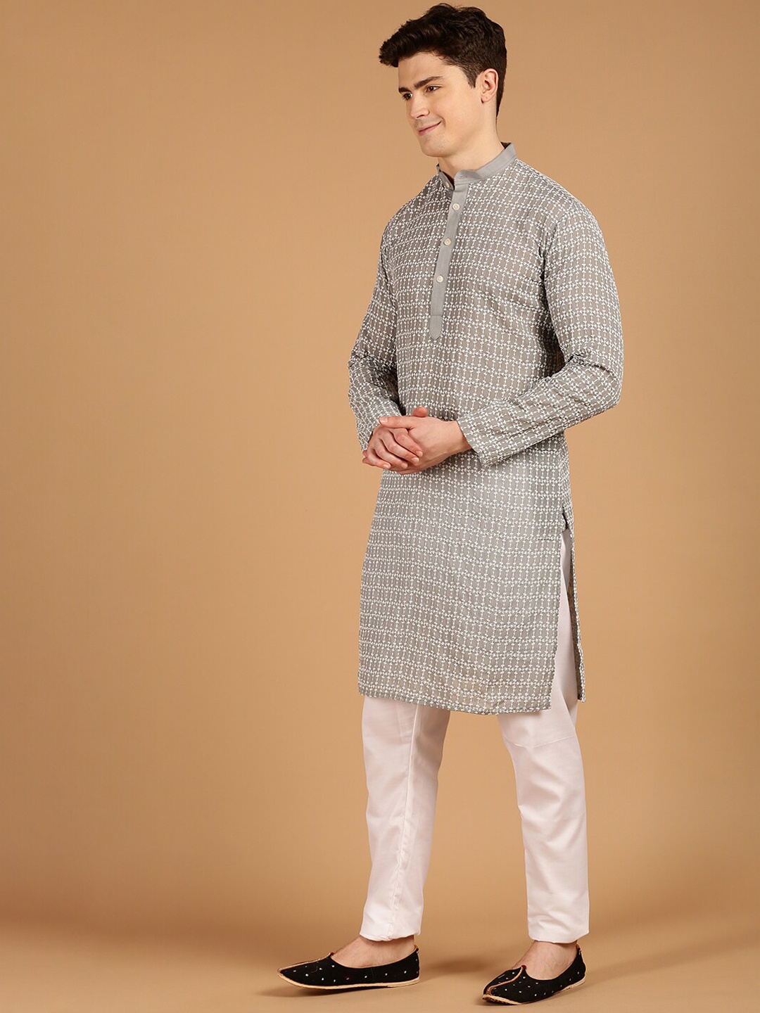 

SOJANYA Ethnic Motifs Embroidered Band Collar Pure Cotton Kurta, Grey
