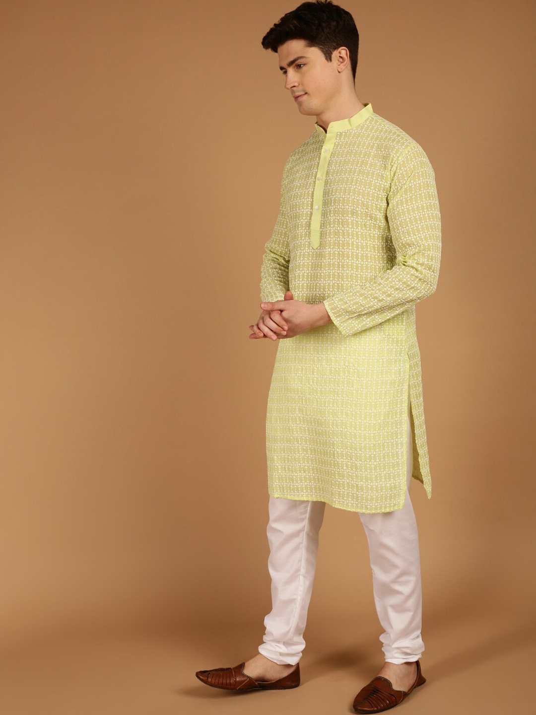 

SOJANYA Ethnic Motifs Embroidered Band Collar Pure Cotton Kurta, Green