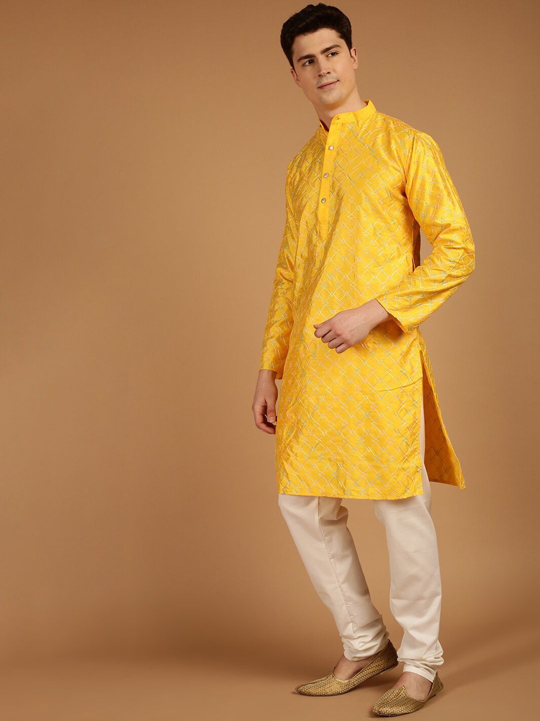 

SOJANYA Band Collar Ethnic Motifs Embroidered Straight Silk Cotton Kurta, Mustard