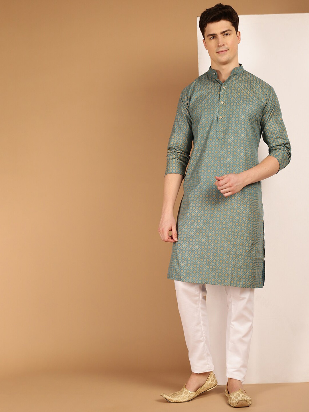 

SOJANYA Band Collar Ethnic Motifs Printed Cotton Linen Kurta, Teal