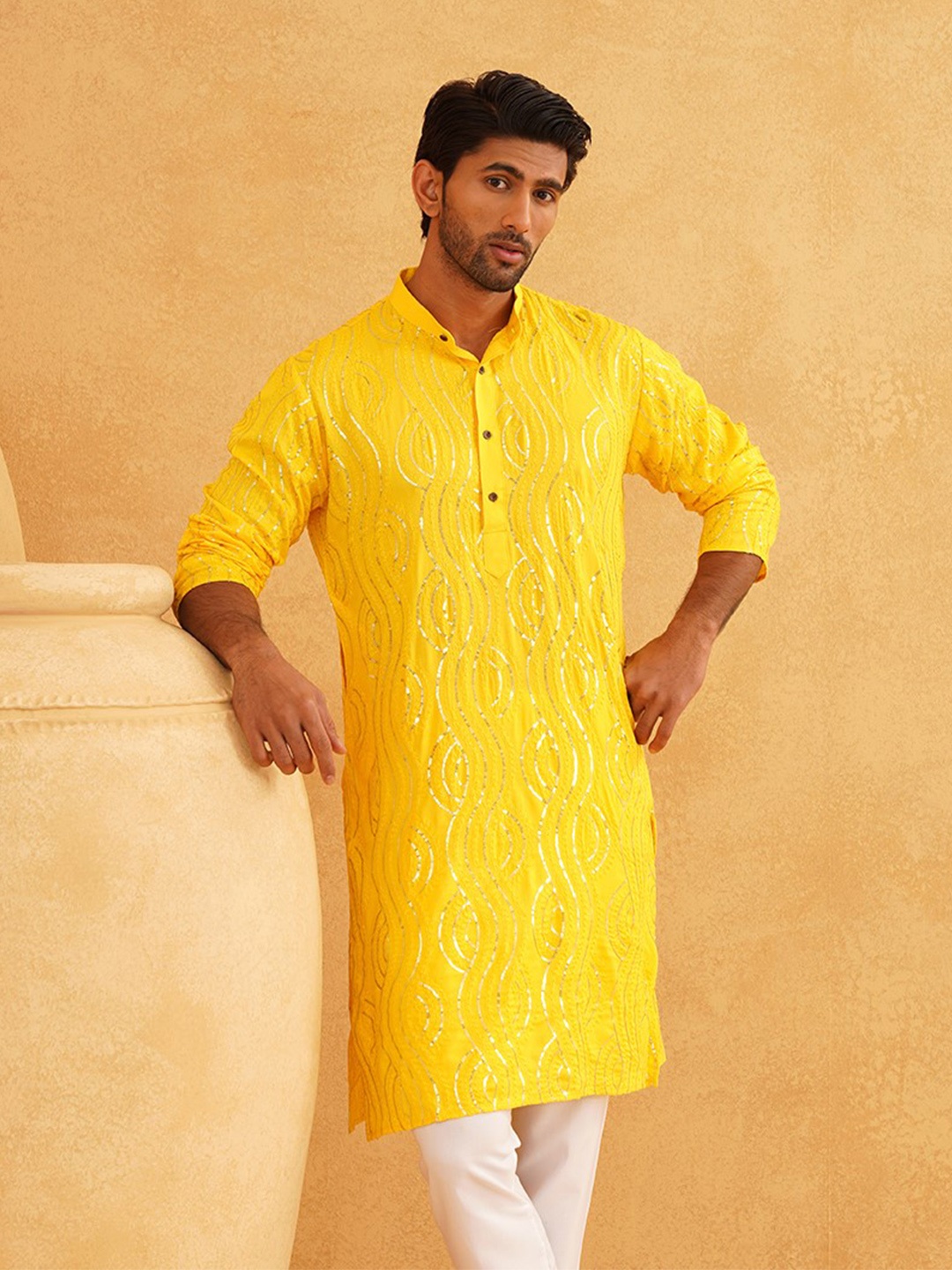 

SOJANYA Ethnic Motifs Embroidered Band Collar Sequinned Kurta, Mustard