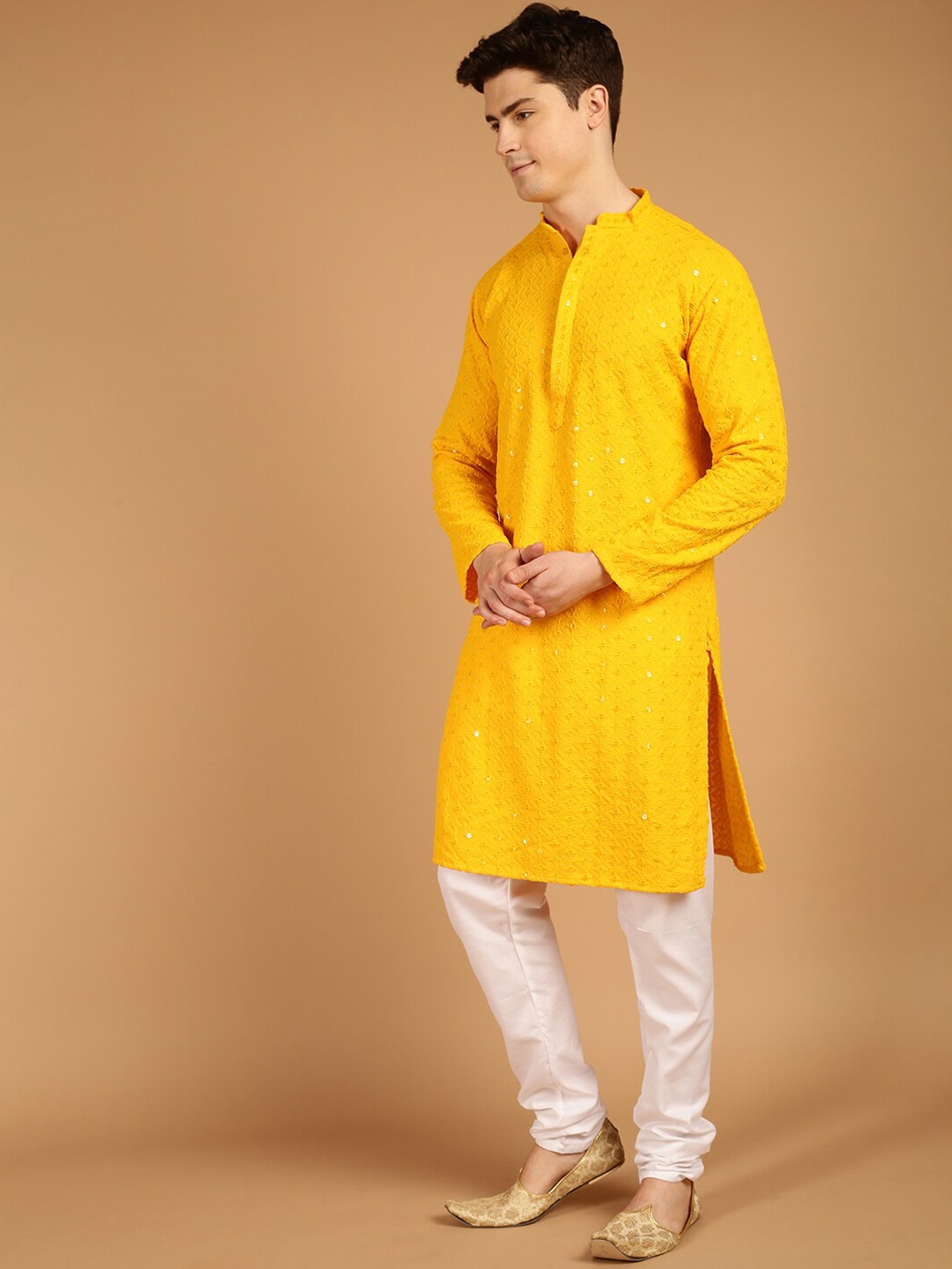

SOJANYA Ethnic Motifs Embroidered Sequined Pure Cotton Kurta, Mustard