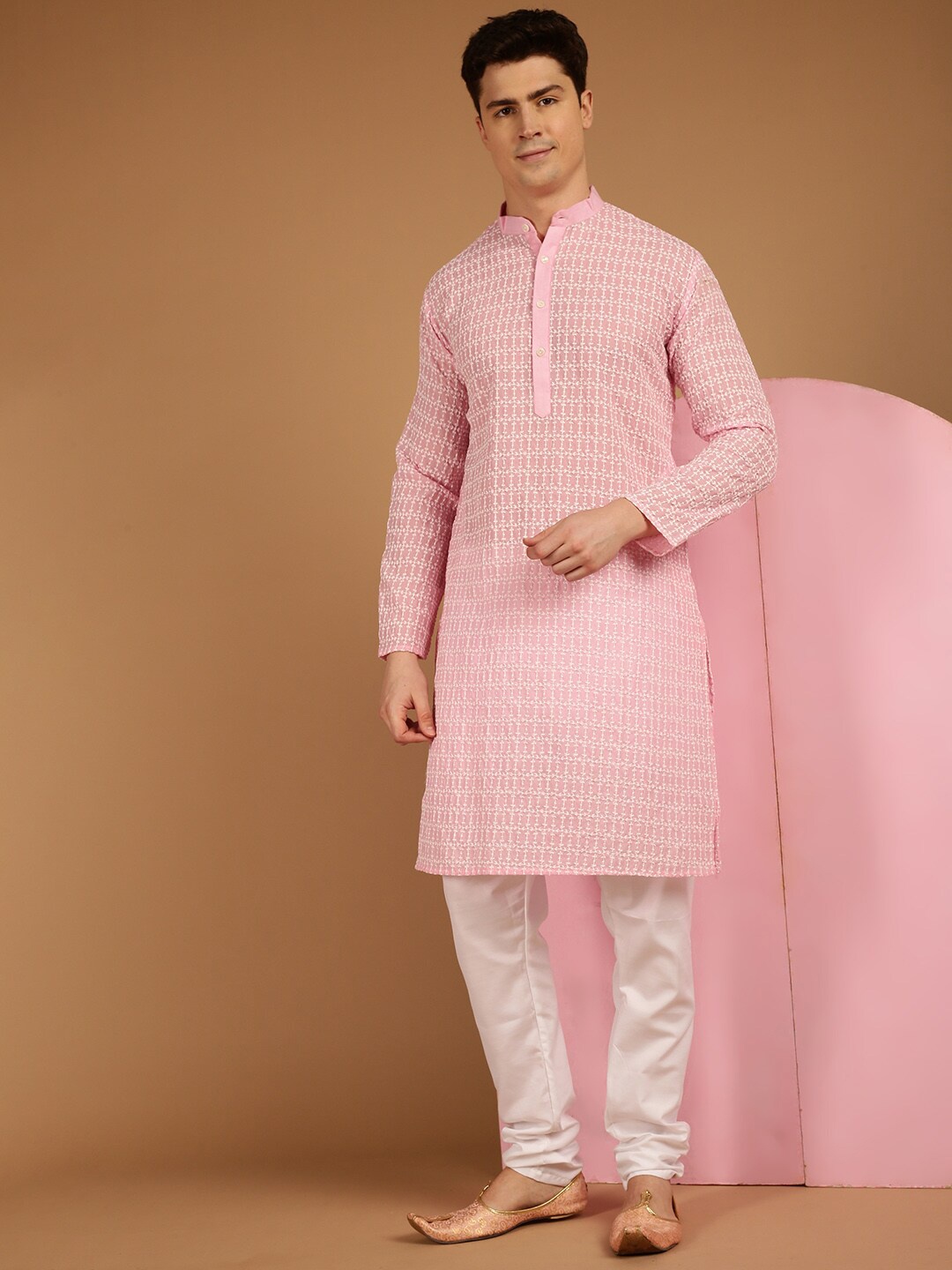 

SOJANYA Ethnic Motifs Embroidered Band Collar Pure Cotton Kurta, Pink