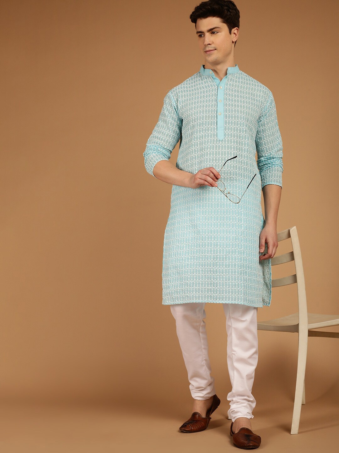 

SOJANYA Ethnic Motifs Embroidered Pure Cotton Kurta, Turquoise blue