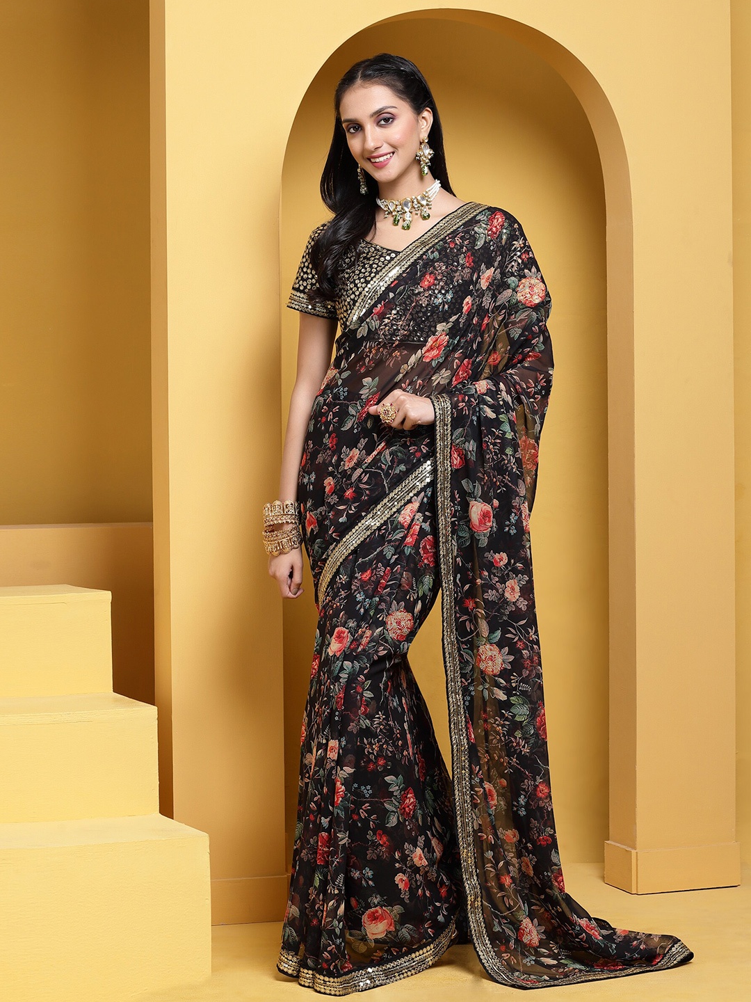 

Anouk Black & Red Floral Printed Sequinned Pure Georgette Saree