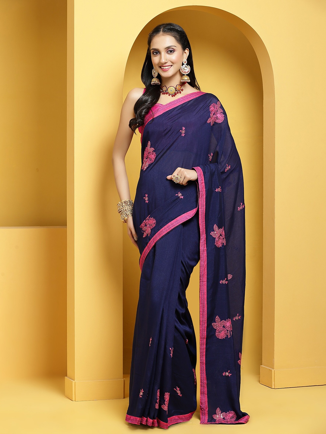 

Anouk Navy Blue & Pink Floral Printed Sequinned Saree