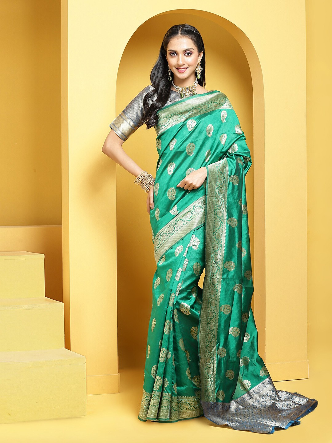 

Anouk Olive Green Floral Woven Design Zari Banarasi Saree