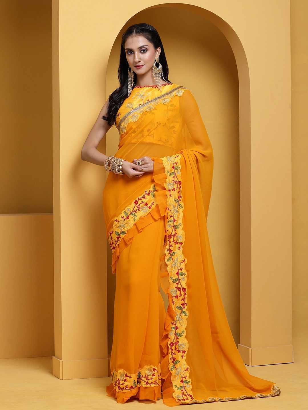 

Anouk Mustard & Red Ruffled Pure Georgette Saree