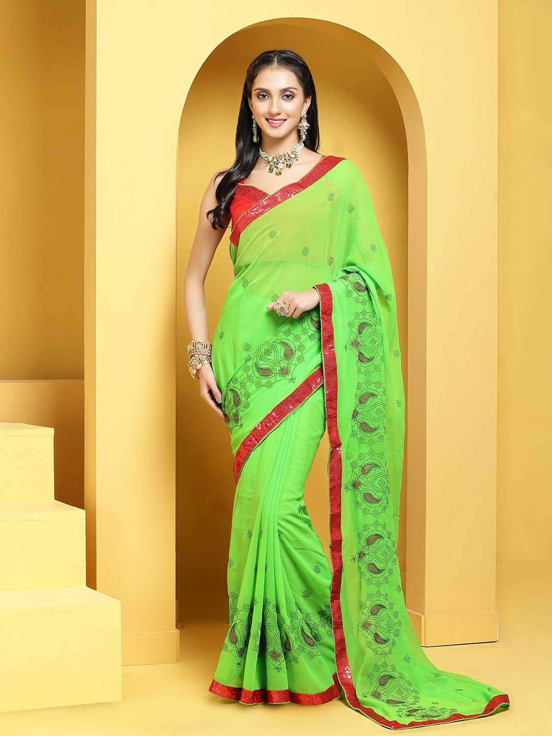 

Anouk Green & Red Floral Embroidered Pure Georgette Saree