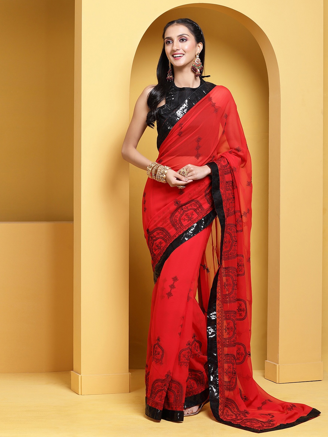 

Anouk Red & Black Ethnic Motif Embroidered Sequinned Pure Georgette Saree