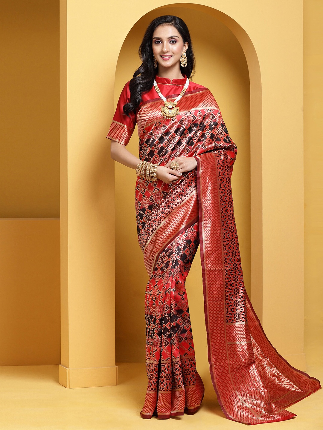 

Anouk Maroon & Black Ethnic Motif Woven Design Zari Banarasi Saree