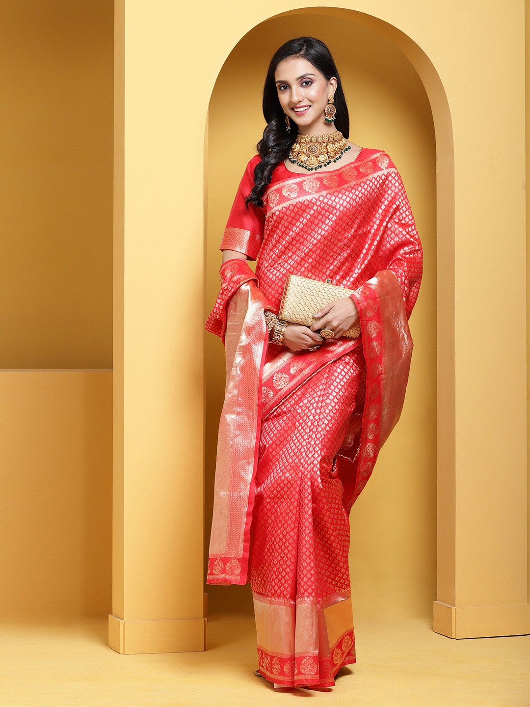 

Anouk Red & Gold-Toned Ethnic Motif Woven Design Zari Banarasi Saree