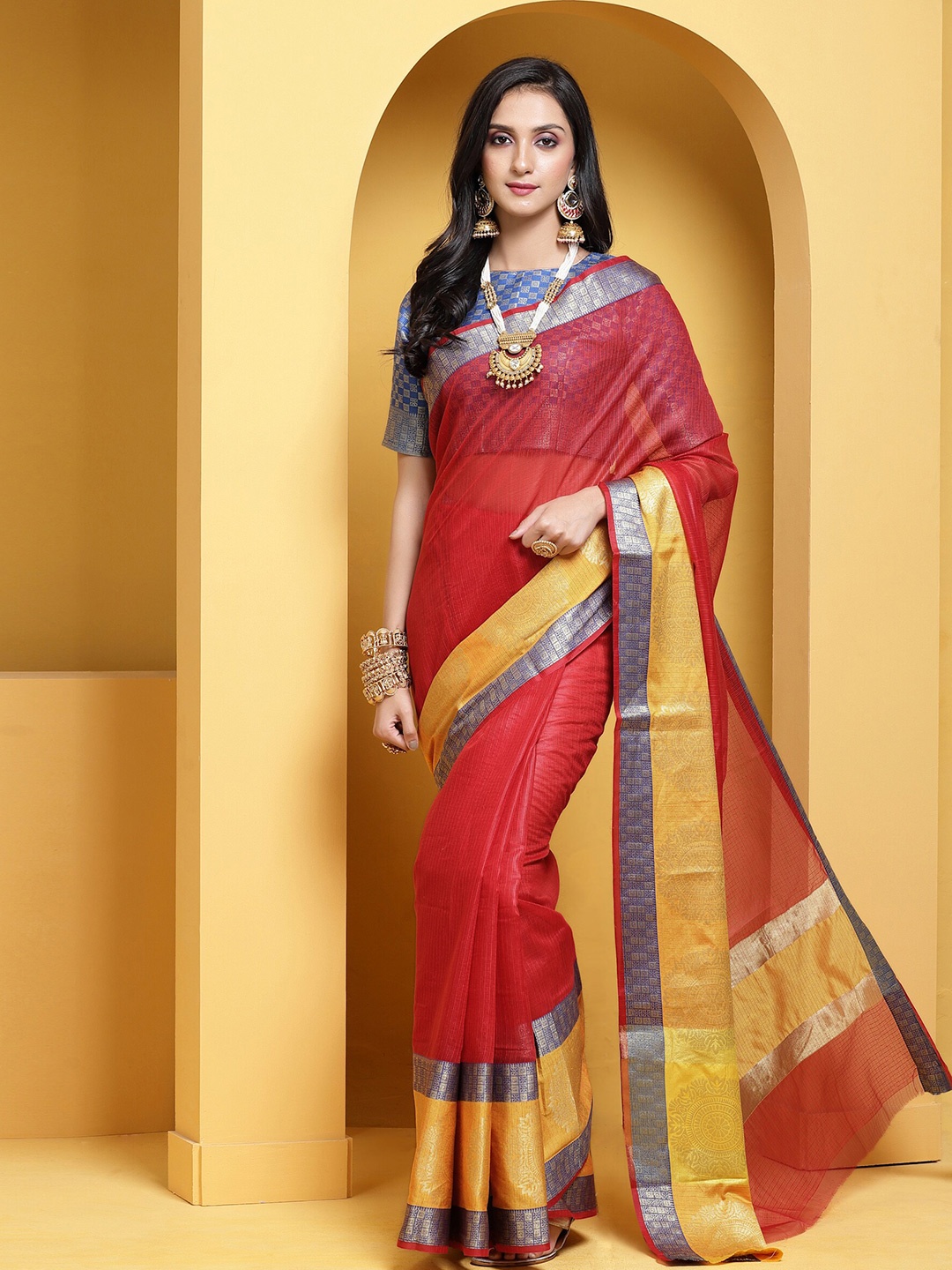 

Anouk Maroon & Mustard Striped Woven Design Zari Banarasi Saree