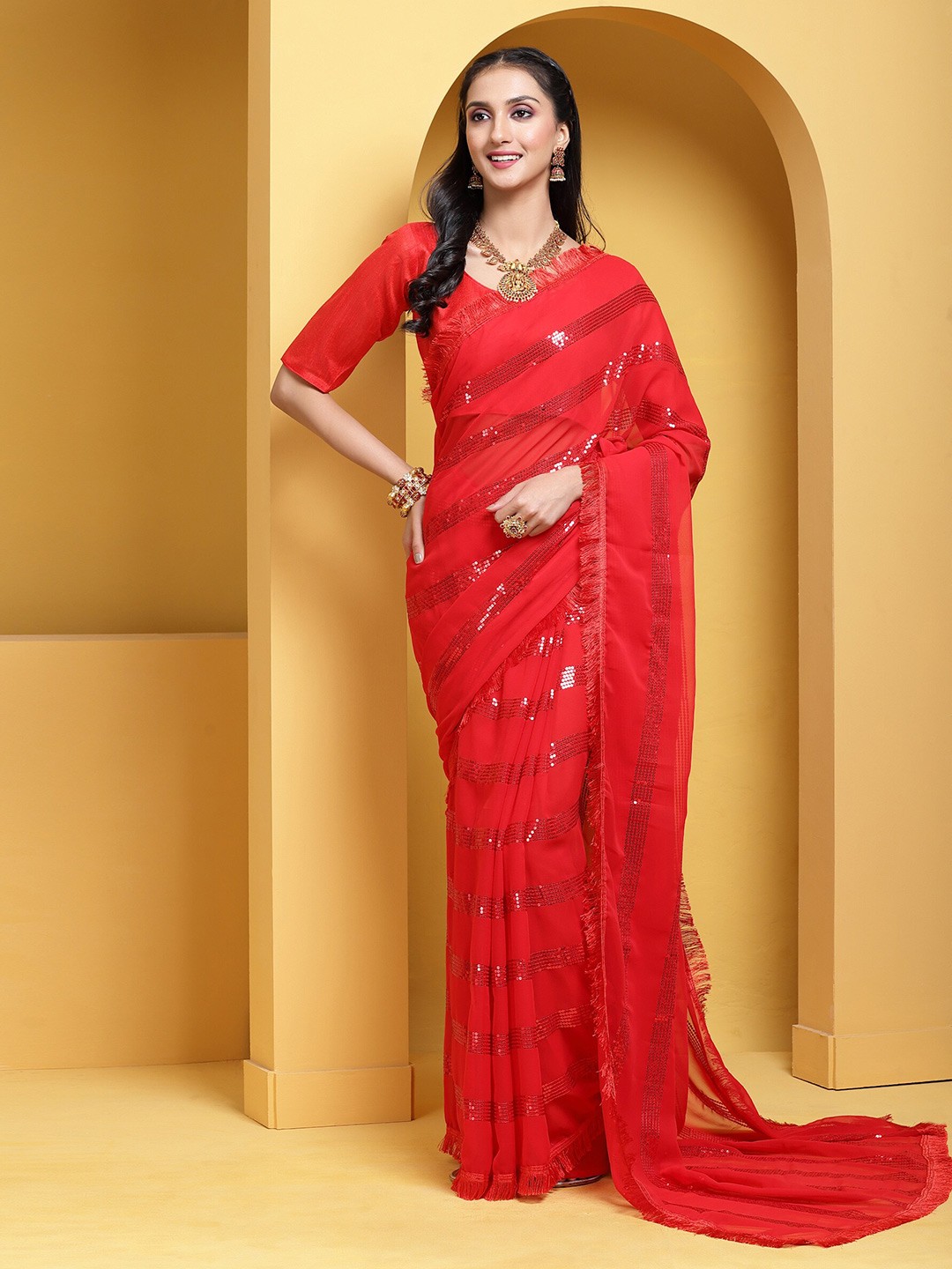 

Anouk Red & Gold-Toned Sequinned Pure Georgette Saree