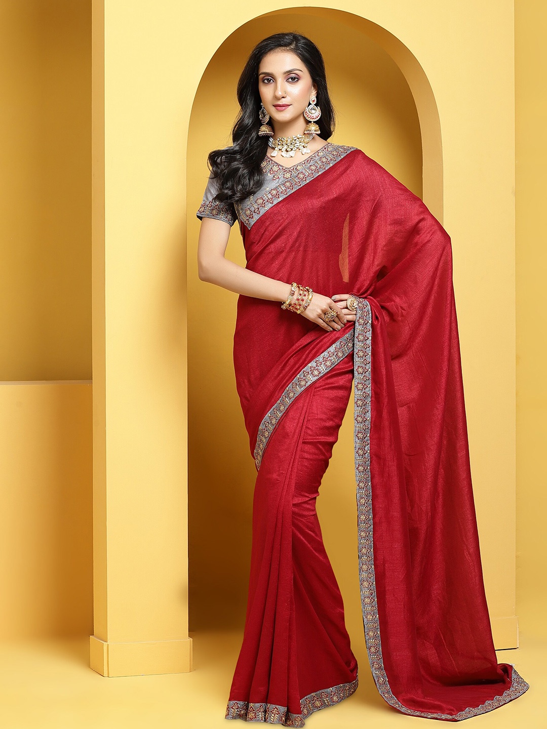 

Anouk Maroon & Grey Embroidered Saree
