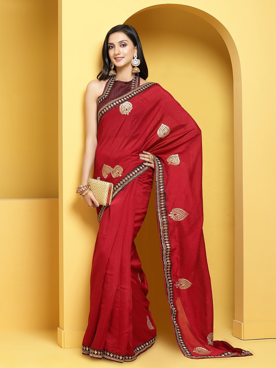 

Anouk Maroon & Gold-Toned Ethnic Motifs Embroidered Saree