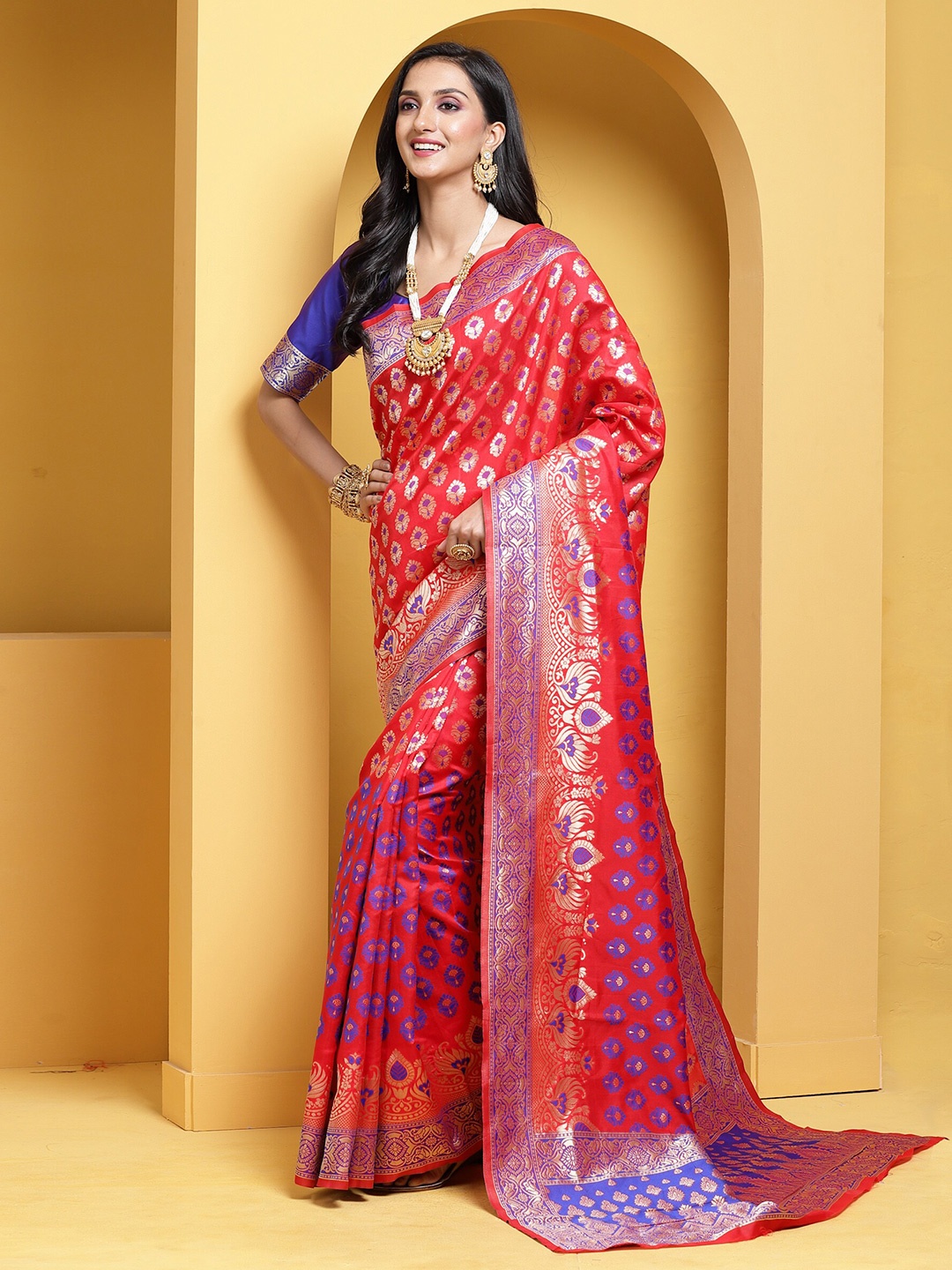 

Anouk Red & Blue Ethnic Motif Woven Design Zari Kanjeevaram Saree
