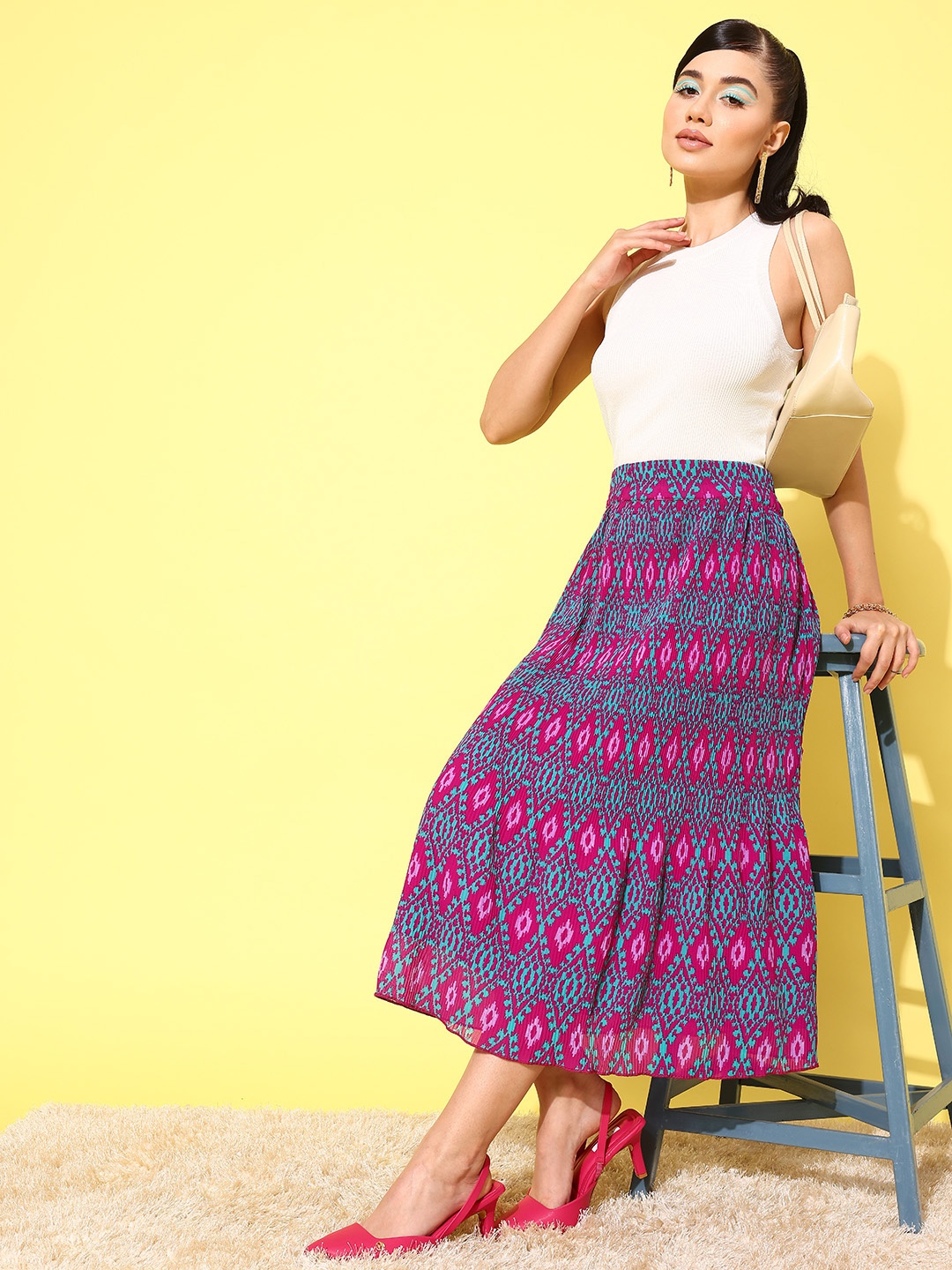

Antheaa Geometric Print Accordion Pleated Midi Skirt, Turquoise blue