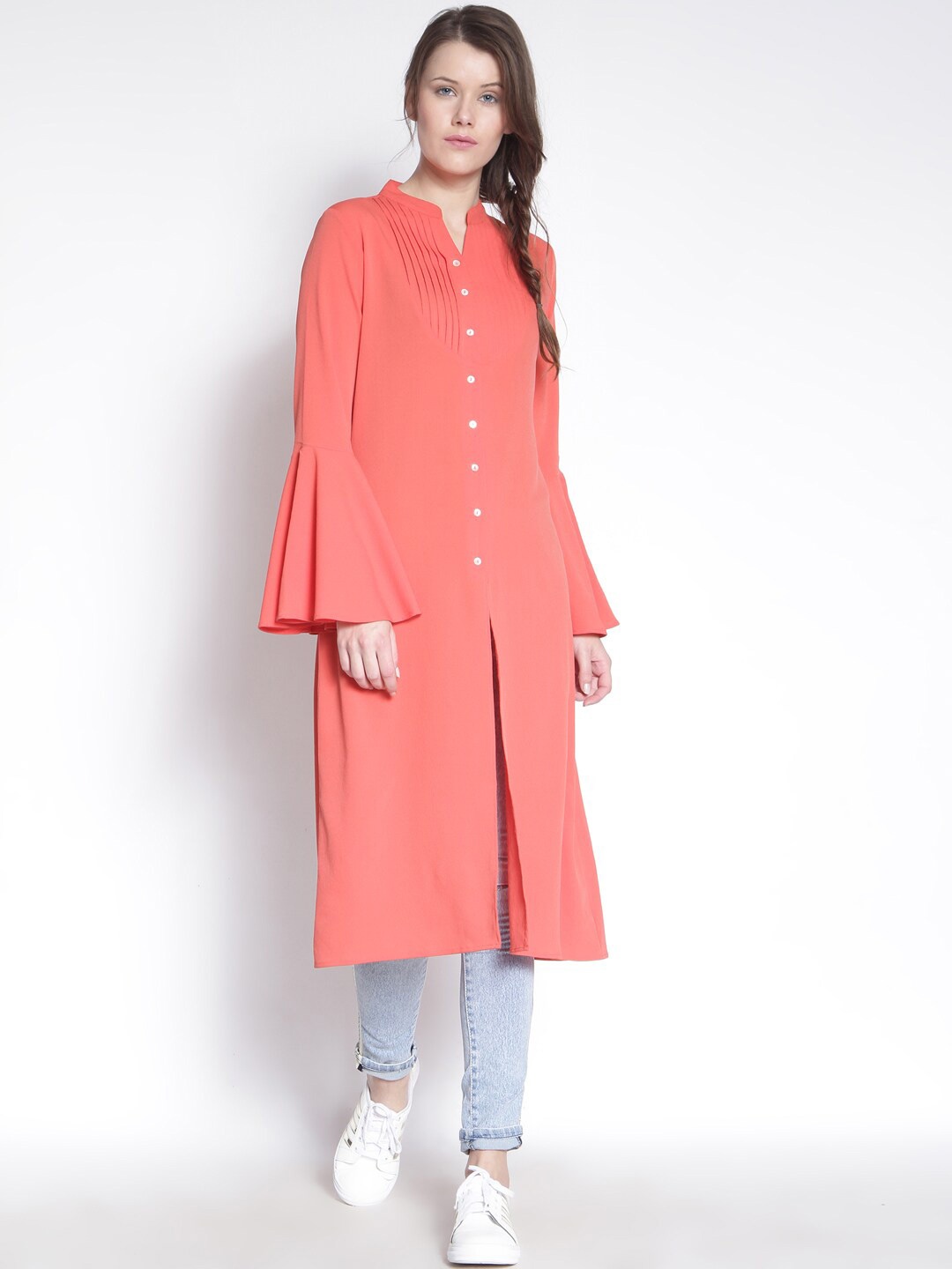 

RARE Peach-Color Mandarin Collar Pleated Bell Sleeves Kurta