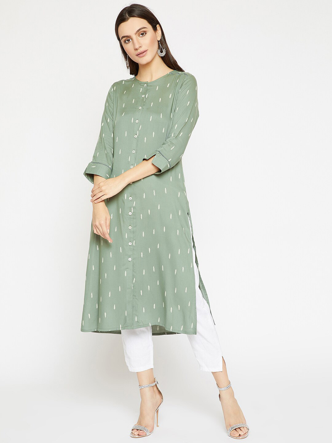 

RARE Green & White Ethnic Motifs Printed Straight Kurta