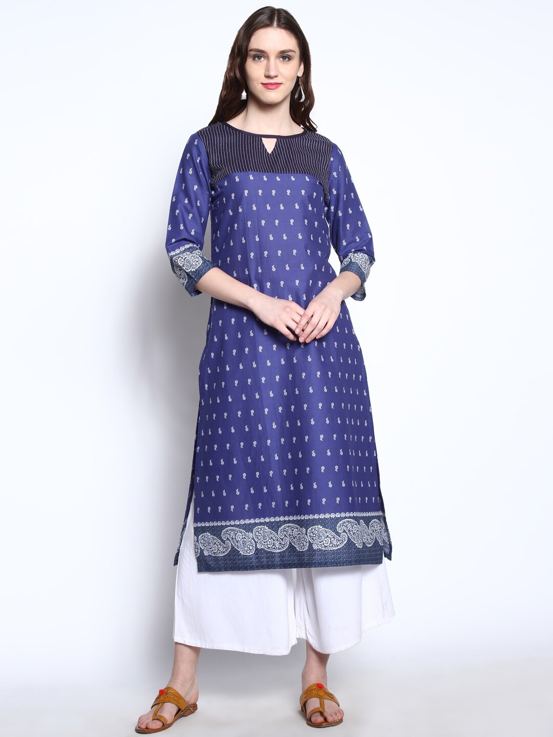 

RARE Blue & White Ethnic Motifs Printed Pure Cotton Straight Kurta