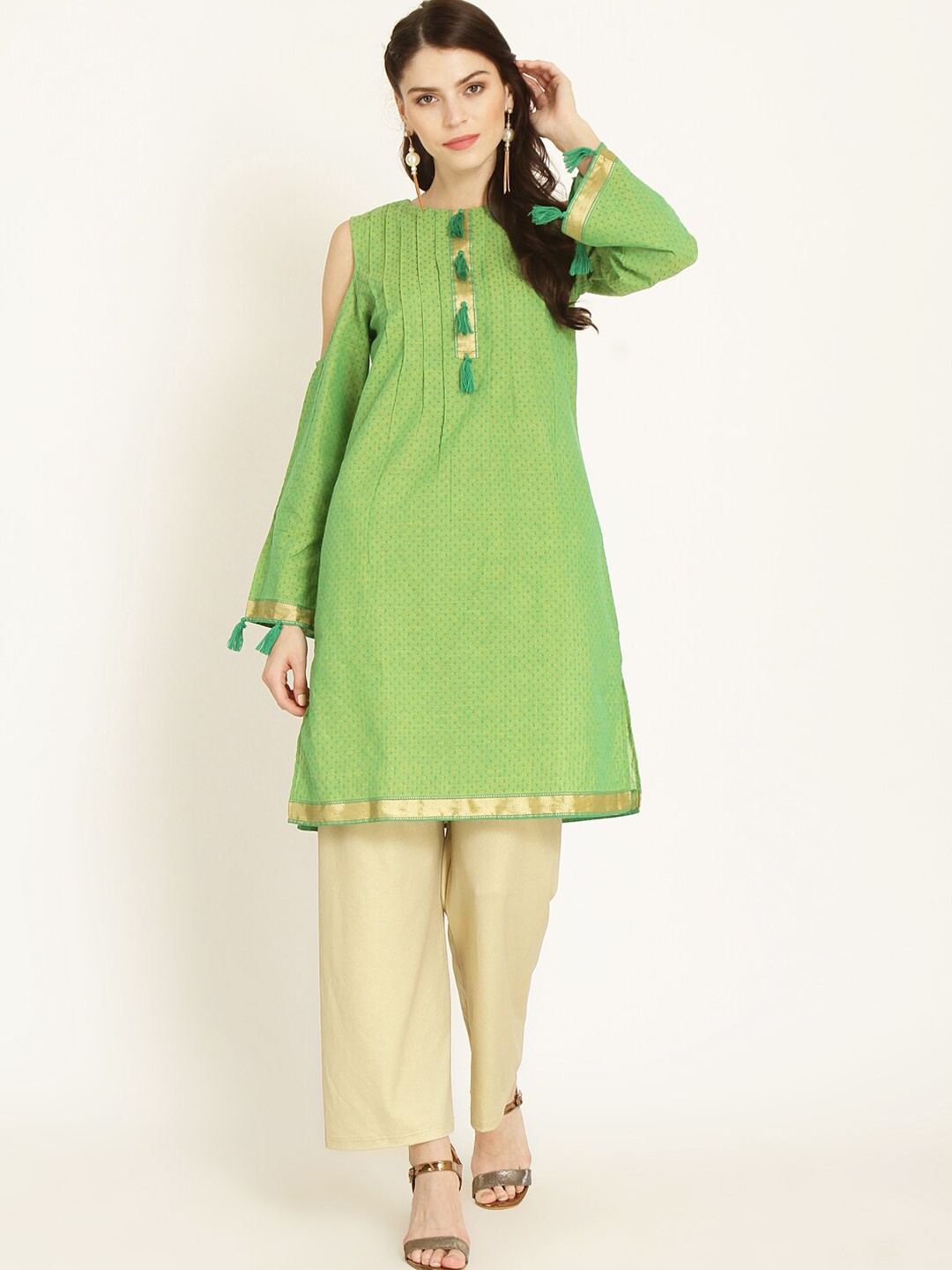 

RARE Woven Design Cold-Shoulder Sleeves Cotton A-Line Kurta, Green
