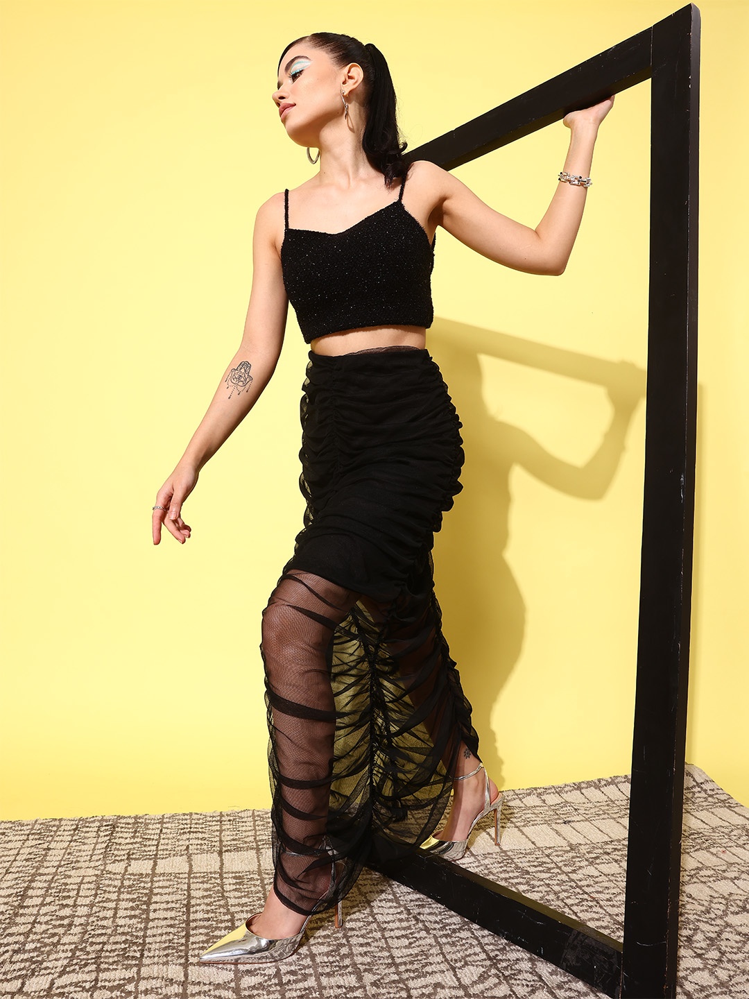 

Antheaa Ruched Net Maxi Skirt, Black