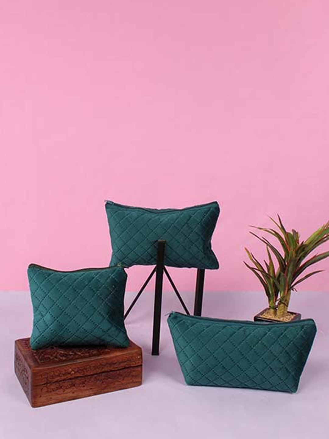 

STITCHNEST Pack Of 3 Quilted Vanity Pouch, Green