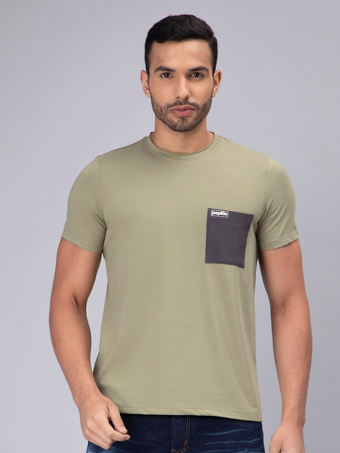 

PEPLOS Round Neck Cotton T-shirt, Green