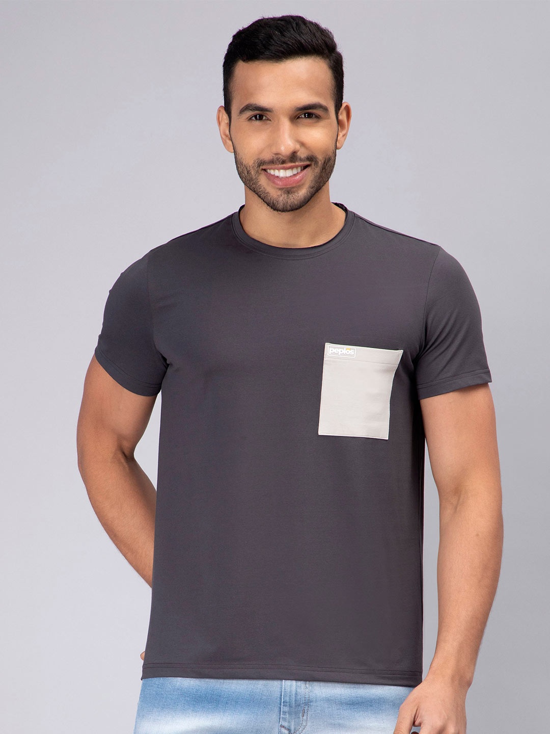 

PEPLOS Round Neck Cotton T-shirt, Grey