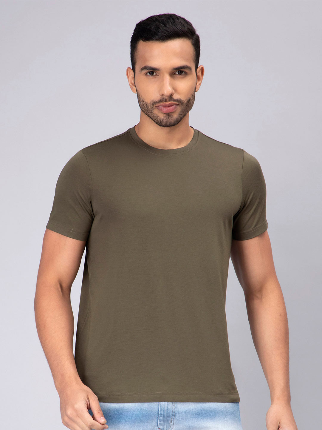 

PEPLOS Round Neck Cotton T-shirt, Olive