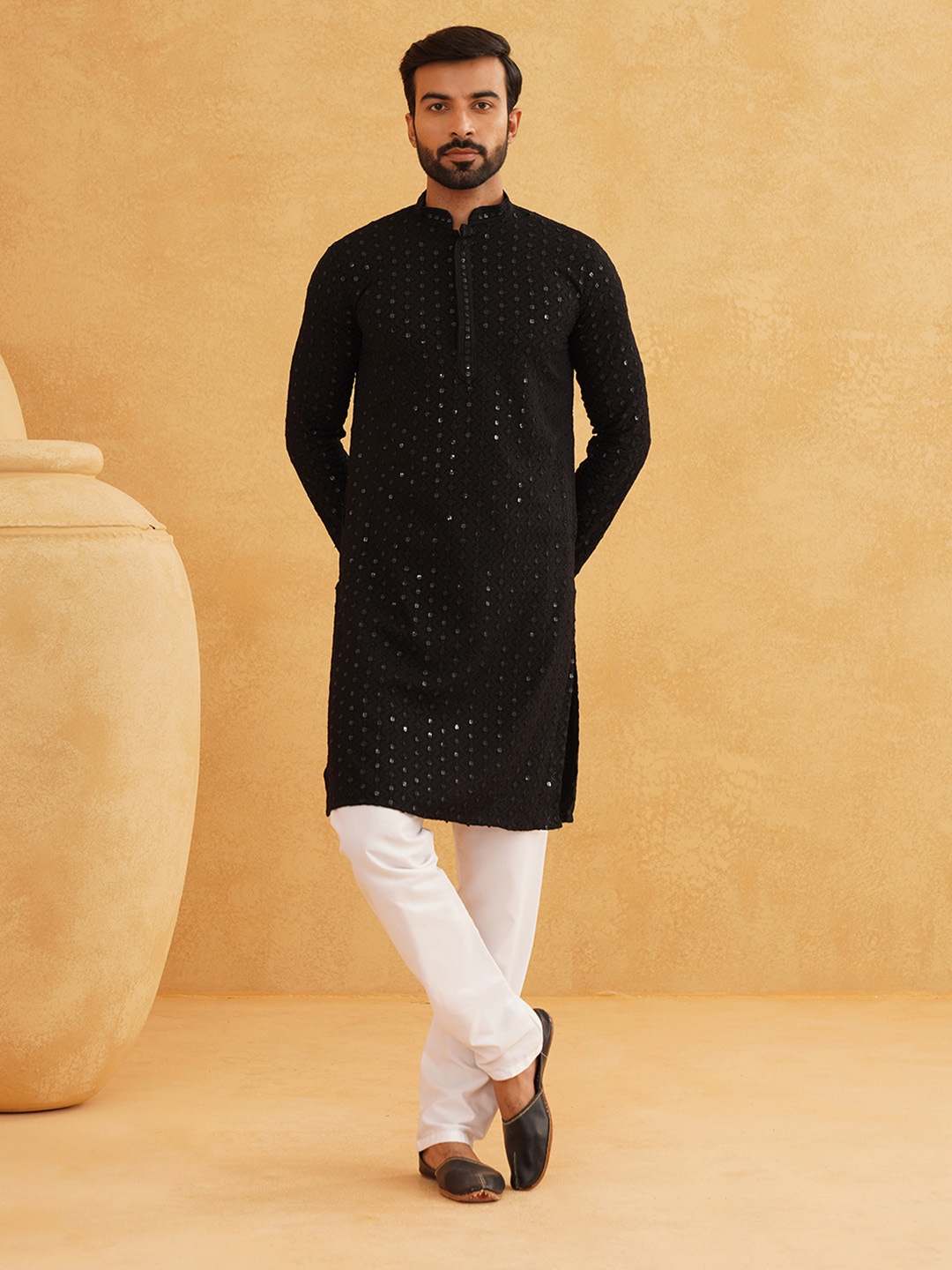 

SOJANYA Ethnic Motifs Embroidered Sequined Pure Cotton Kurta with Pyjamas, Black