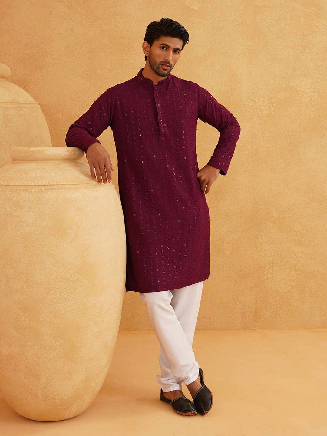 

SOJANYA Ethnic Motifs Embroidered Sequined Pure Cotton Kurta with Pyjamas, Burgundy
