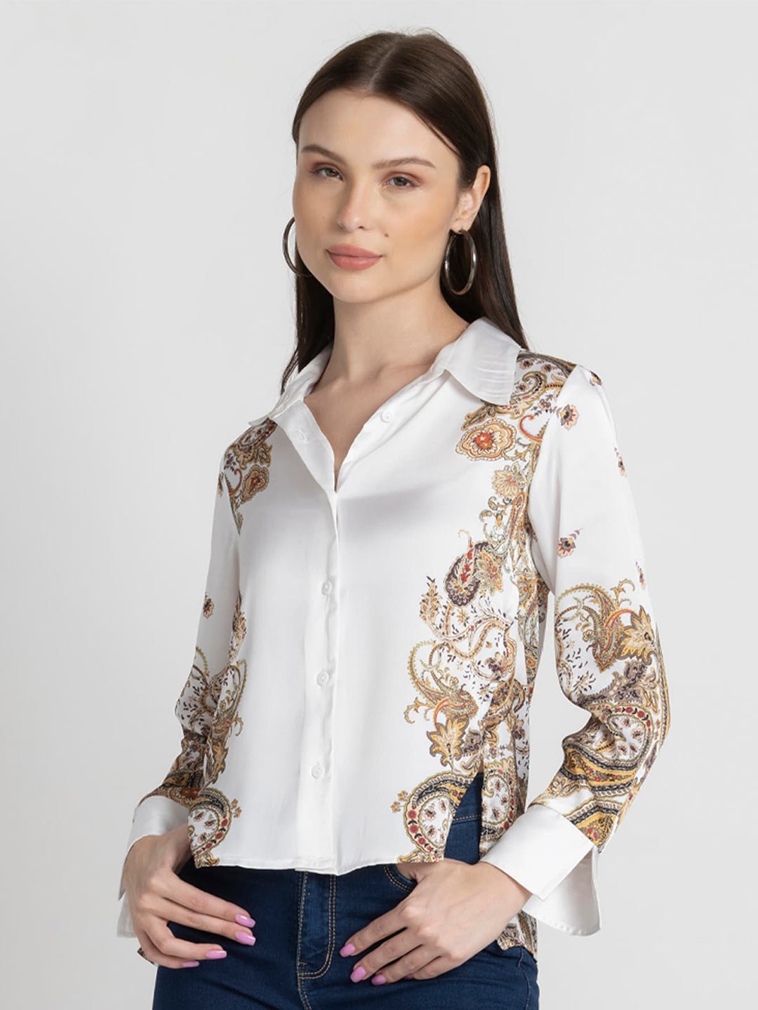 

SHAYE Classic Floral Opaque High-Low Hem Shirt, White