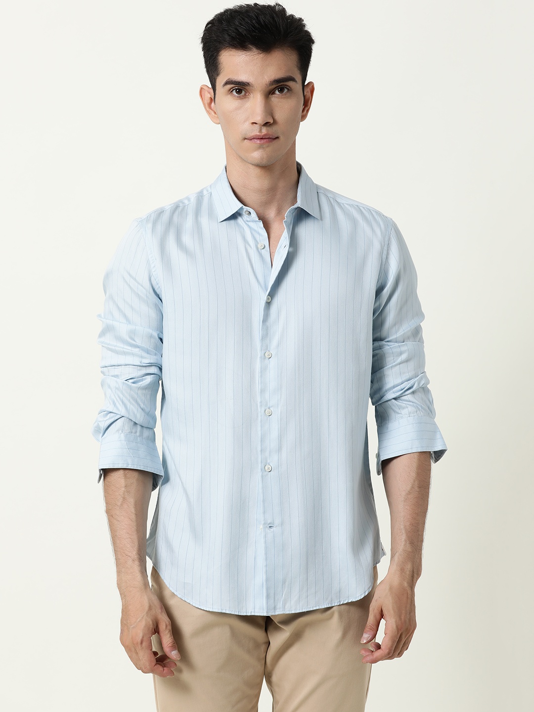 

RARE RABBIT Men Melt Slim Fit Opaque Striped Cotton Shirt, Blue