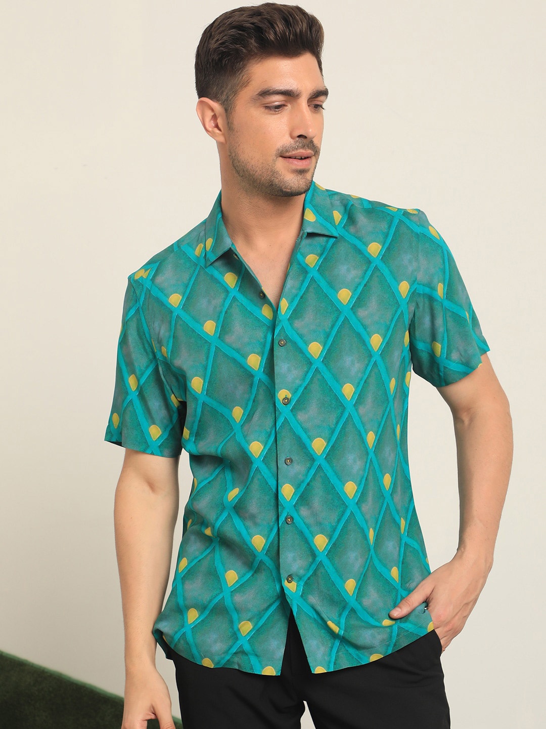 

RARE RABBIT Men Diam Slim Fit Opaque Checked Cotton Shirt, Green