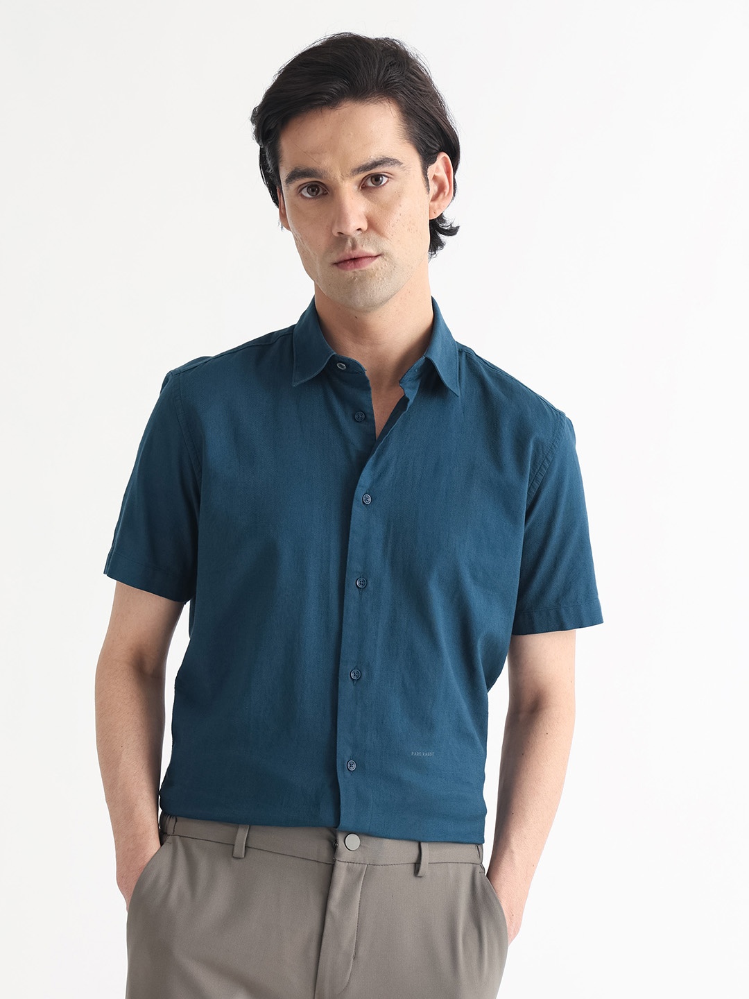 

RARE RABBIT Men Matto Slim Fit Cotton Shirt, Teal