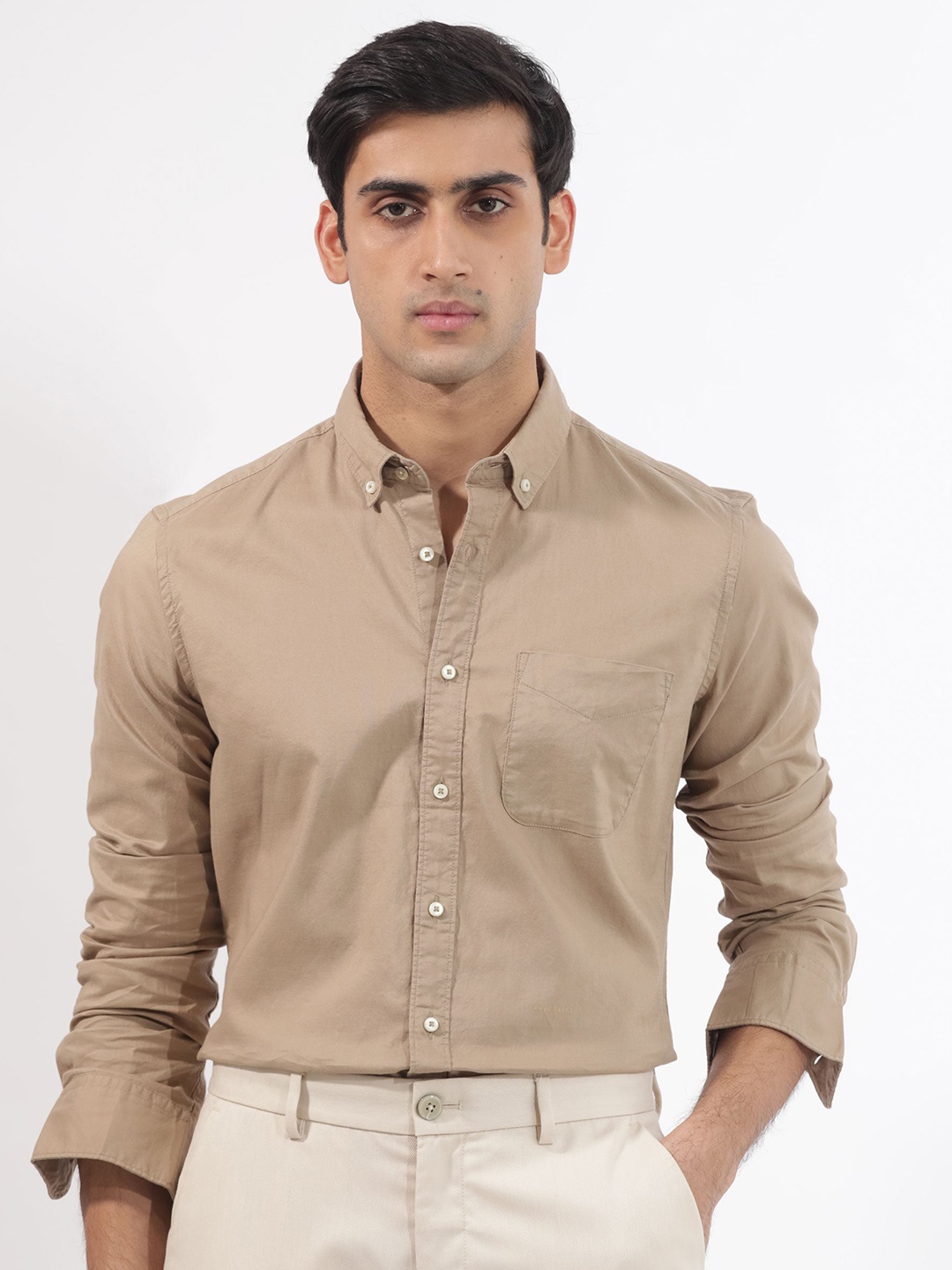 

RARE RABBIT Men Auxfo Slim Fit Button Down Cotton Shirt, Beige