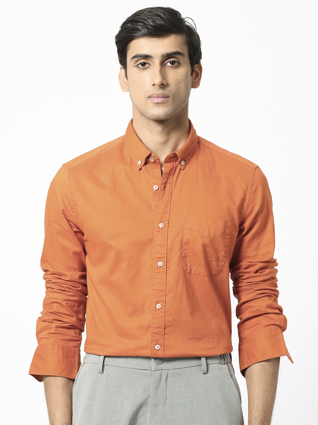 

RARE RABBIT Men Auxfo Slim Fit Button Down Collar Cotton Shirt, Orange