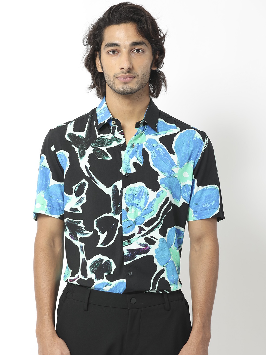 

RARE RABBIT Men Agata Slim Fit Printed Cotton Shirt, Navy blue