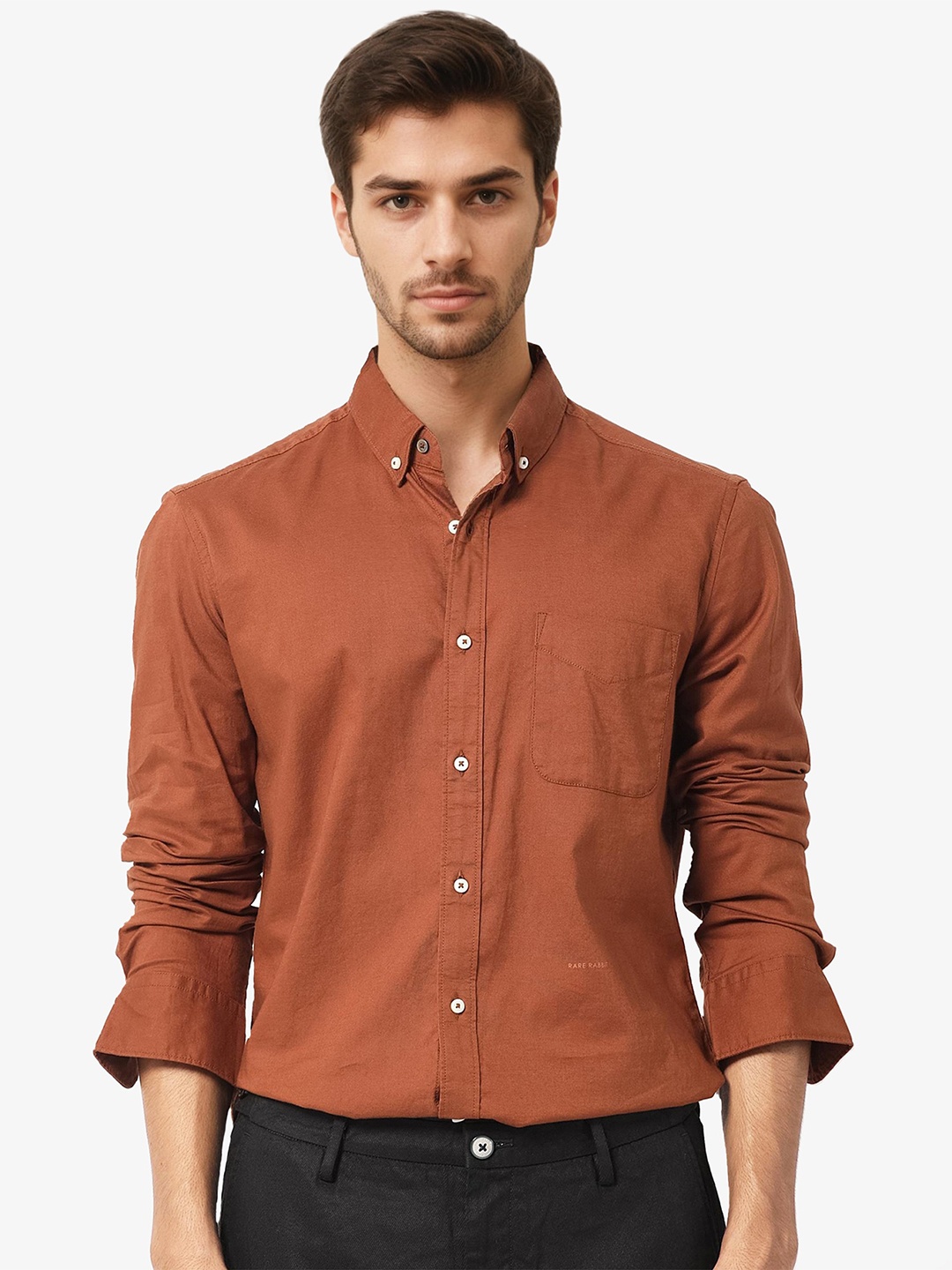 

RARE RABBIT Men Auxfo Slim Fit Opaque Cotton Shirt, Brown