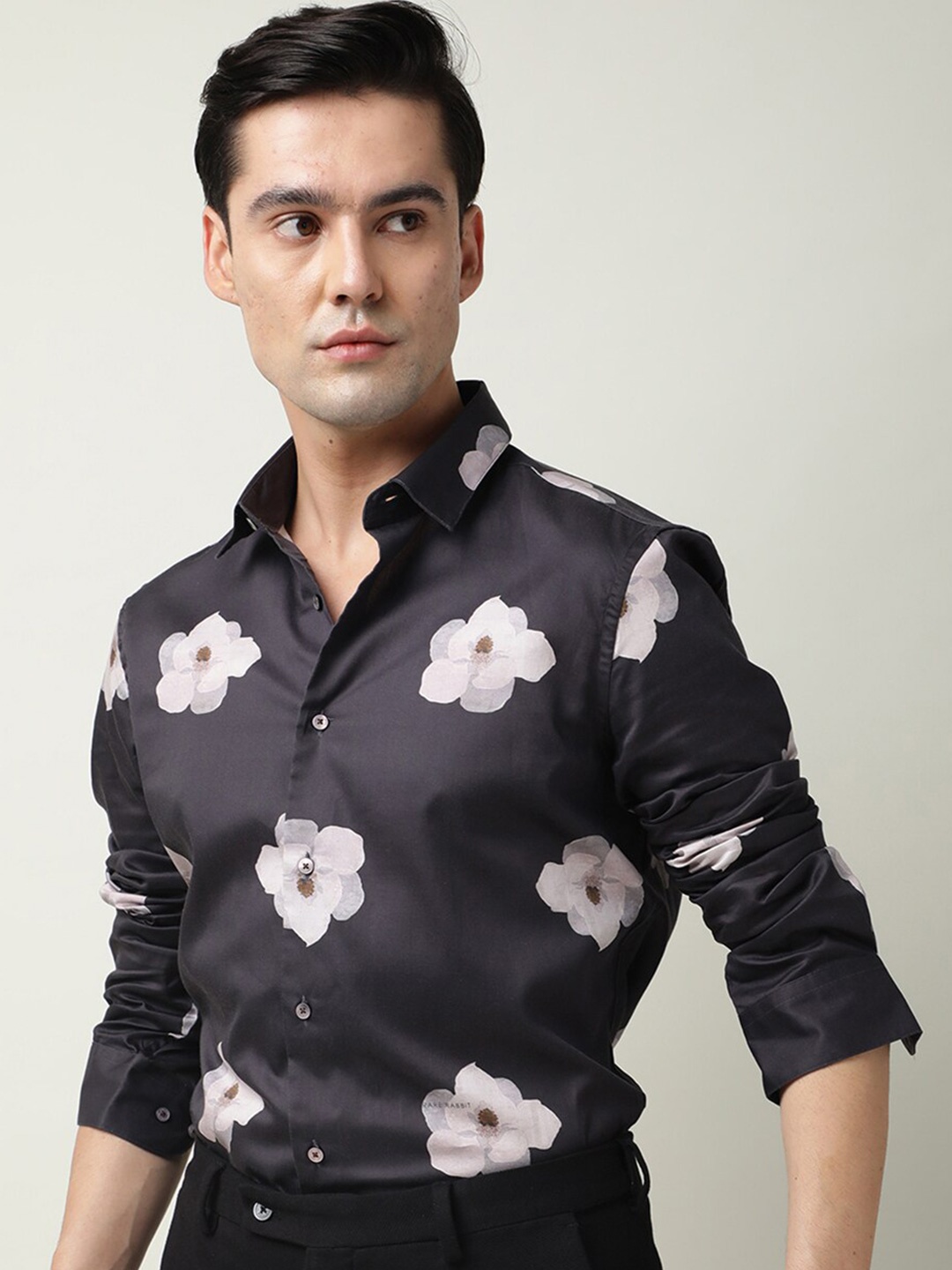 

RARE RABBIT Men Damos Slim Fit Floral Printed Cotton Shirt, Black