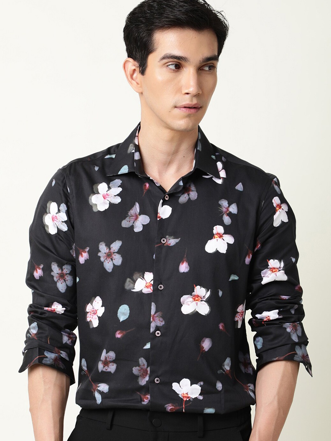 

RARE RABBIT Men Cuplets Slim Fit Floral Printed Cotton Shirt, Black