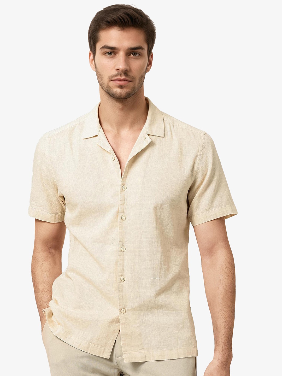 

RARE RABBIT Men Prestos Slim Fit Lapel Collar Cotton Shirt, Beige