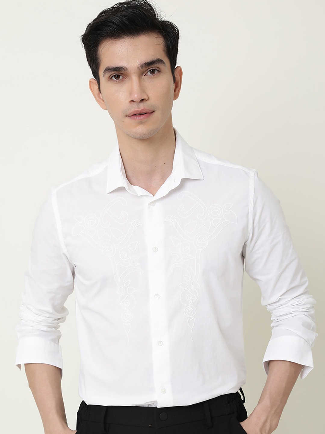 

RARE RABBIT Men Livios Slim Fit Embroidered Cotton Shirt, White