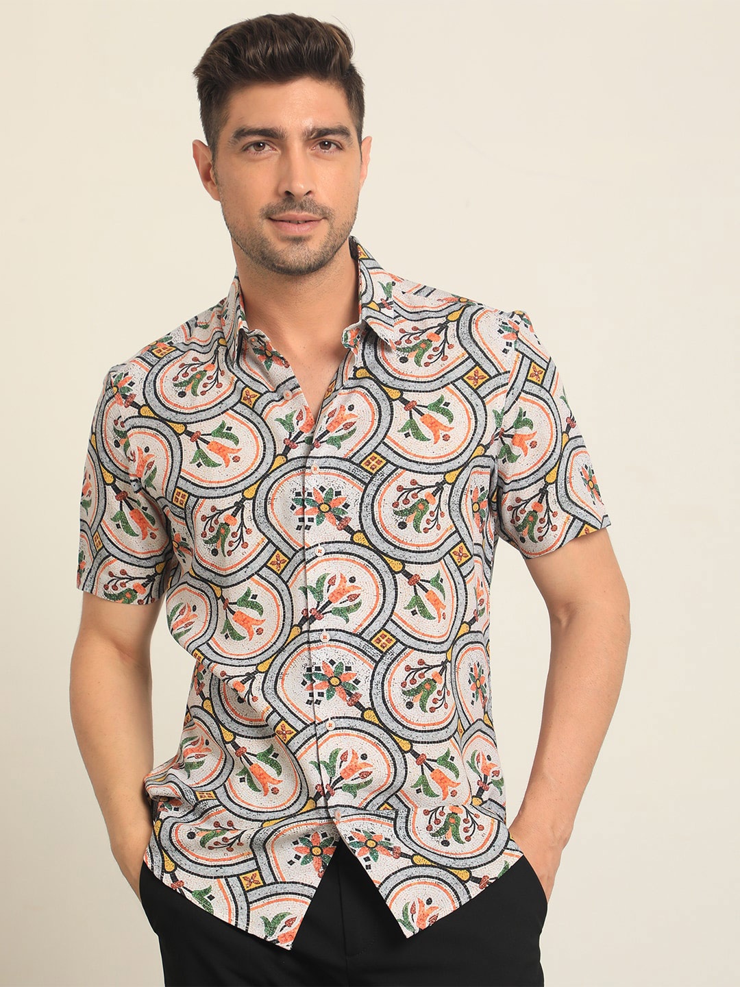 

RARE RABBIT Men Tiles Slim Fit Opaque Floral Printed Cotton Shirt, Beige