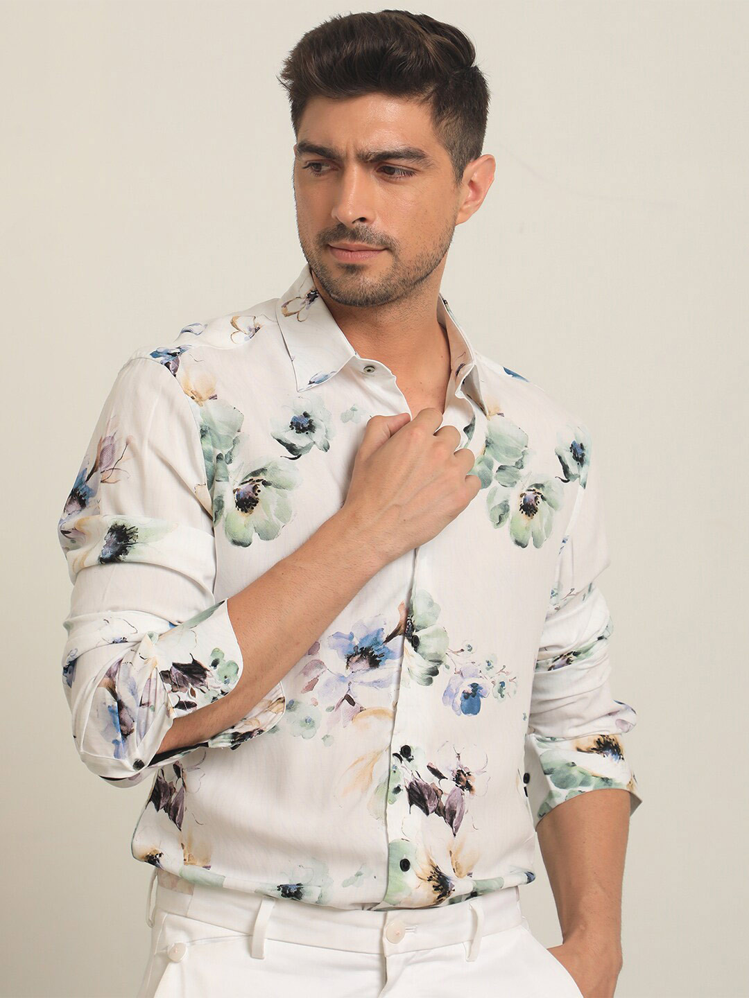 

RARE RABBIT Men Flowey Slim Fit Opaque Floral Printed Cotton Shirt, White